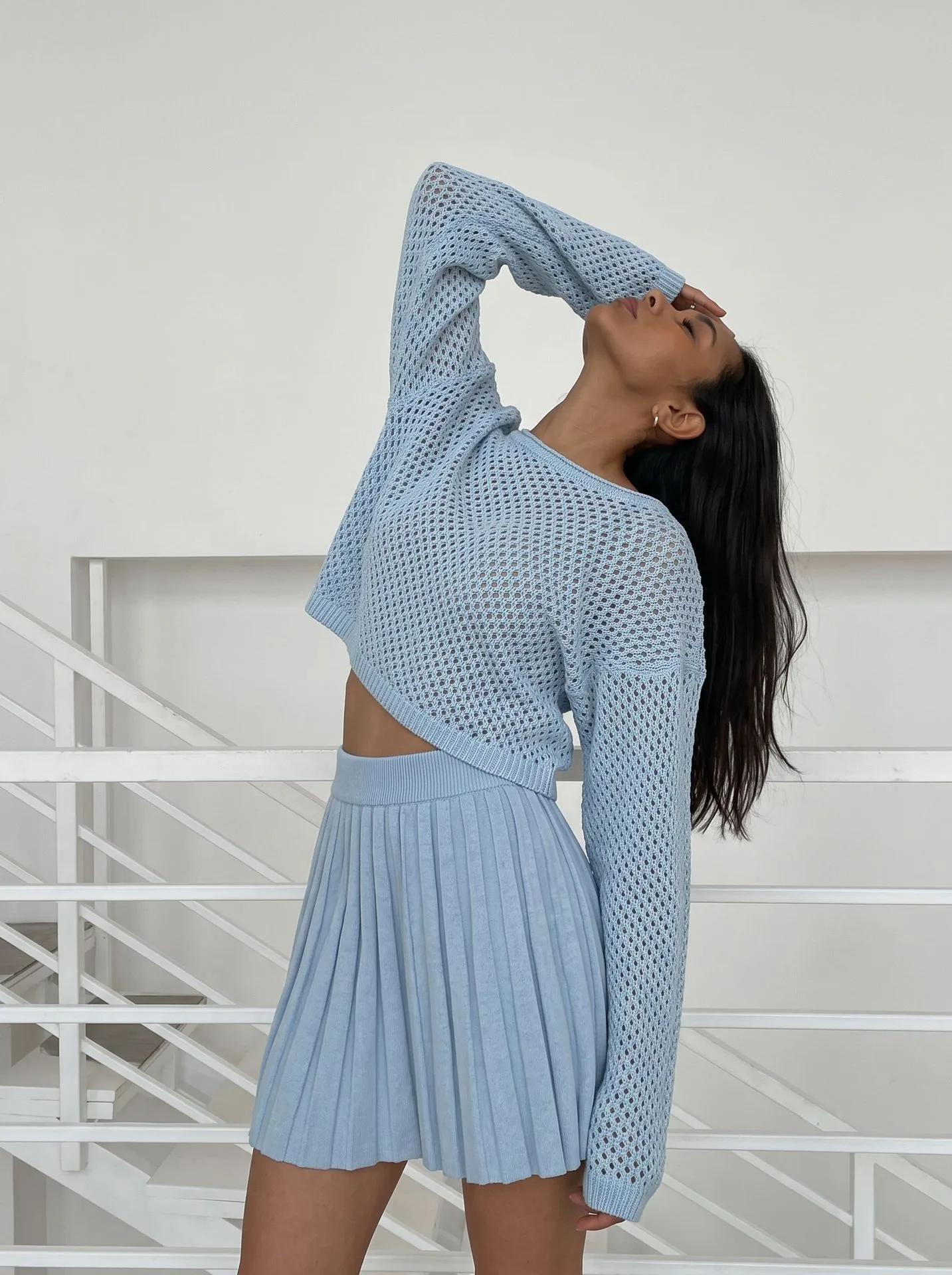 Solid Color Casual Long Sleeve Polyester Skirt Co-ord Set Featuring Hollow Out Design, 2 Pieces Set