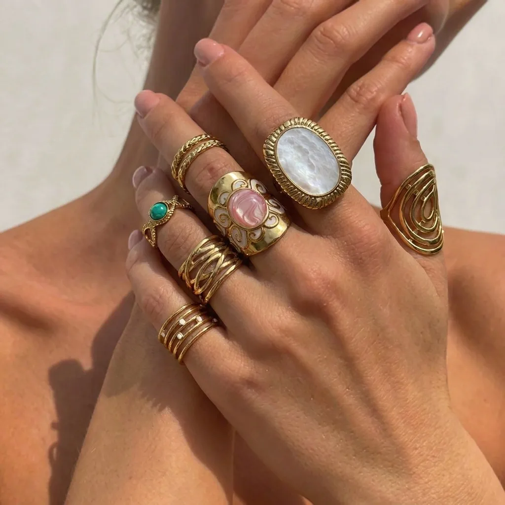 Asymmetrical Sunflower Open Ring in 304 Stainless Steel with 18K Real Gold Plated PVD Coating and Turquoise Inlay