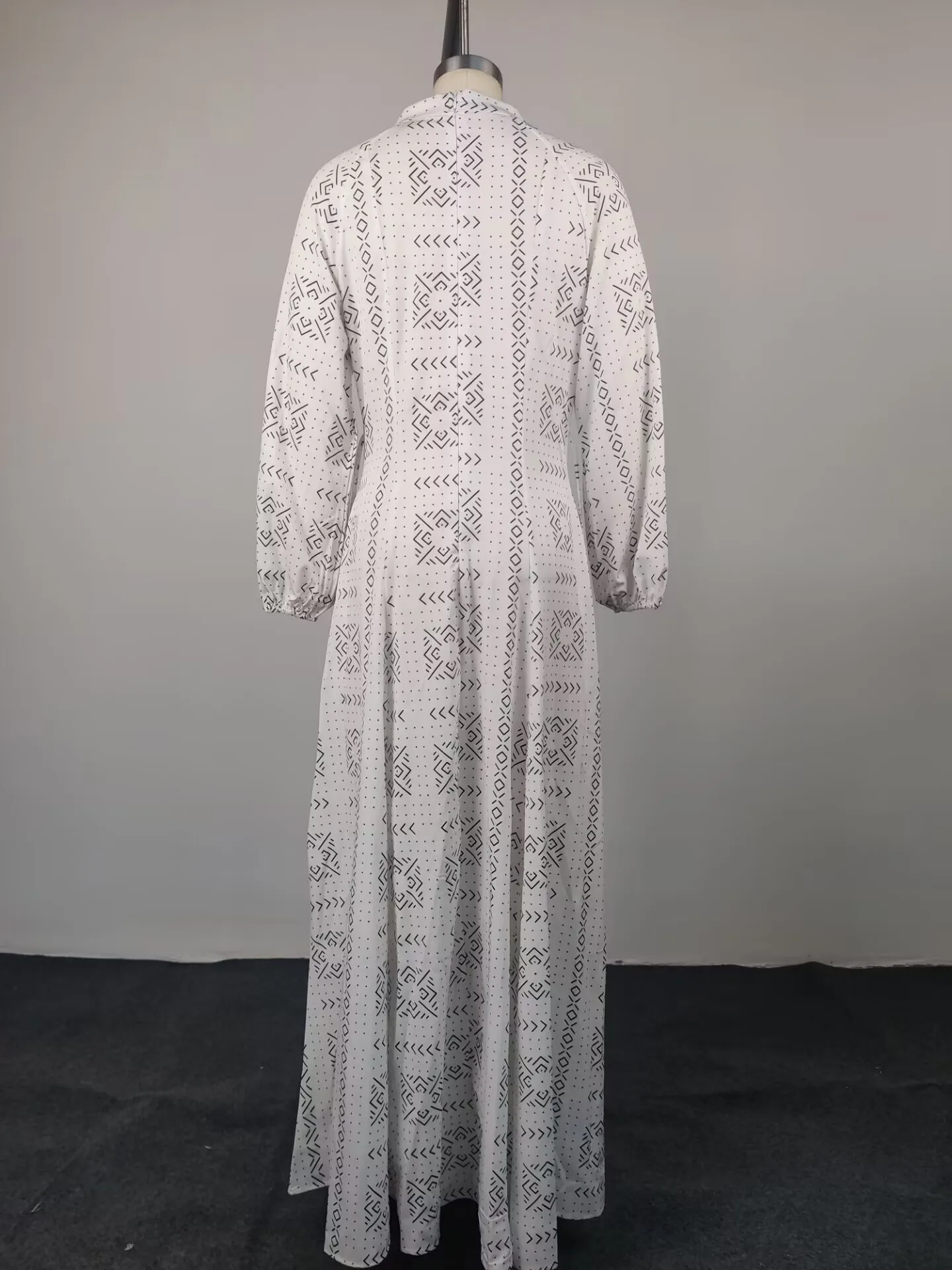 Elegant Geometric Maxi Long Dress with Long Sleeve and Standing Collar in Polyester Fabric