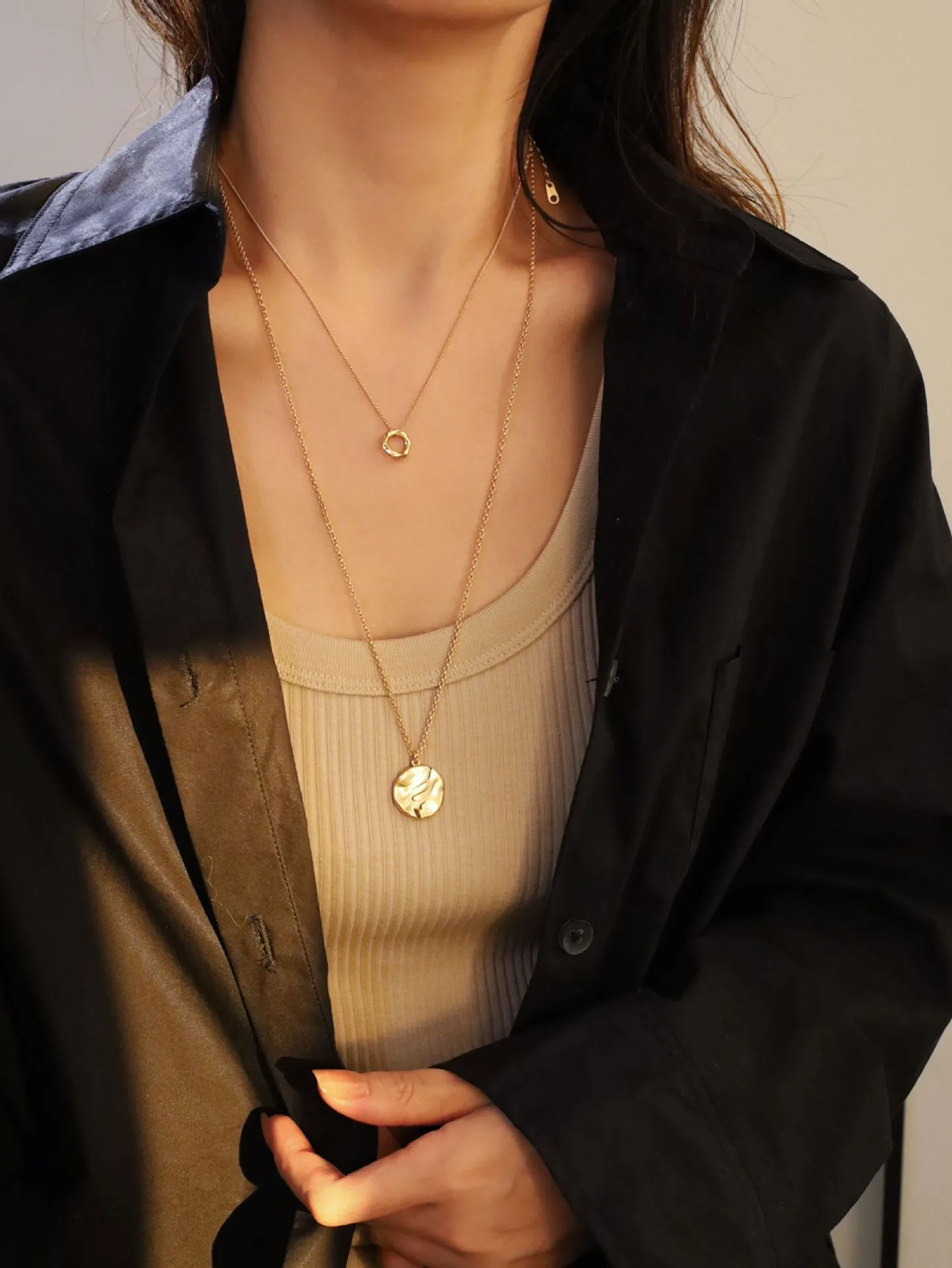 Gold Geometric Circle Necklace for Women Simple Style Copper Pendant Sweater Chain
