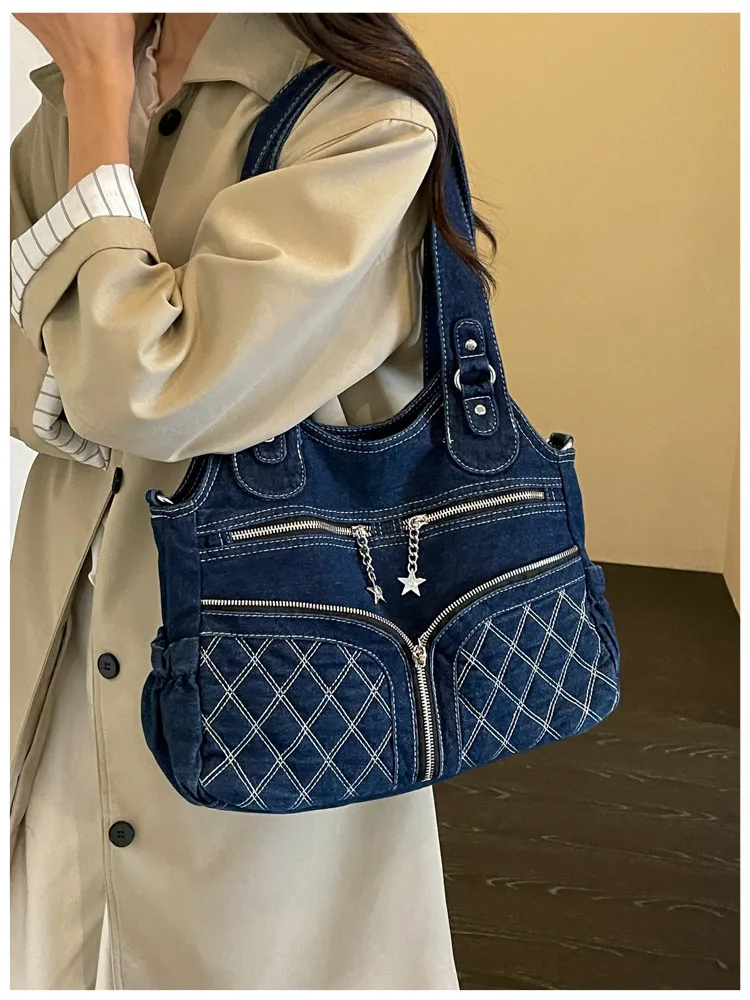 Women’s Solid Color Denim Tote Bag in Square Shape with Single Shoulder Strap and Spacious Capacity