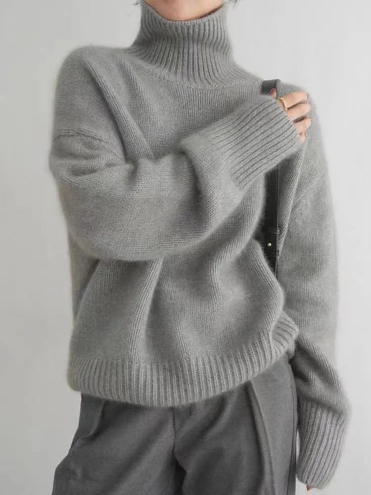 Loose Turtleneck Long Sleeve Solid Color Acrylic Sweater for Women
