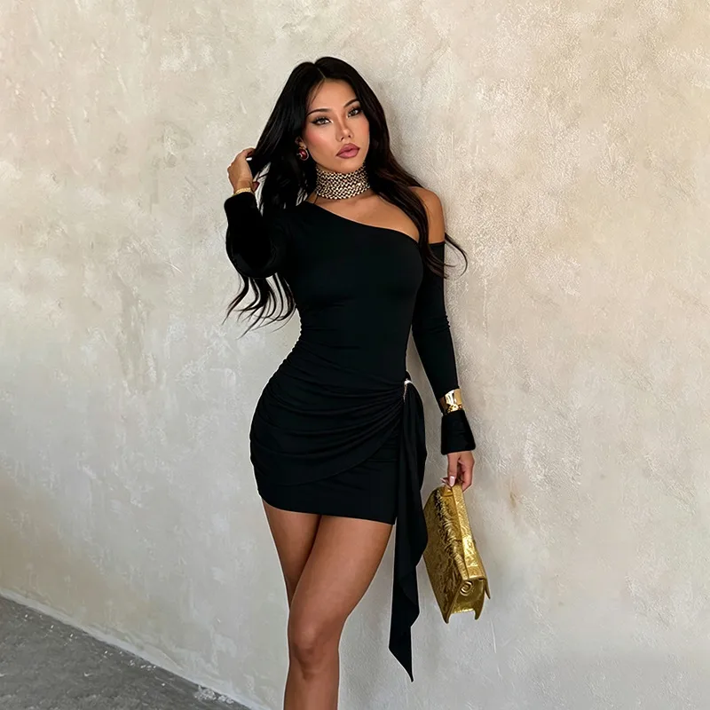 Solid Color Bodycon Dress with Long Sleeve and Oblique Collar in Polyester for Casual Occasion