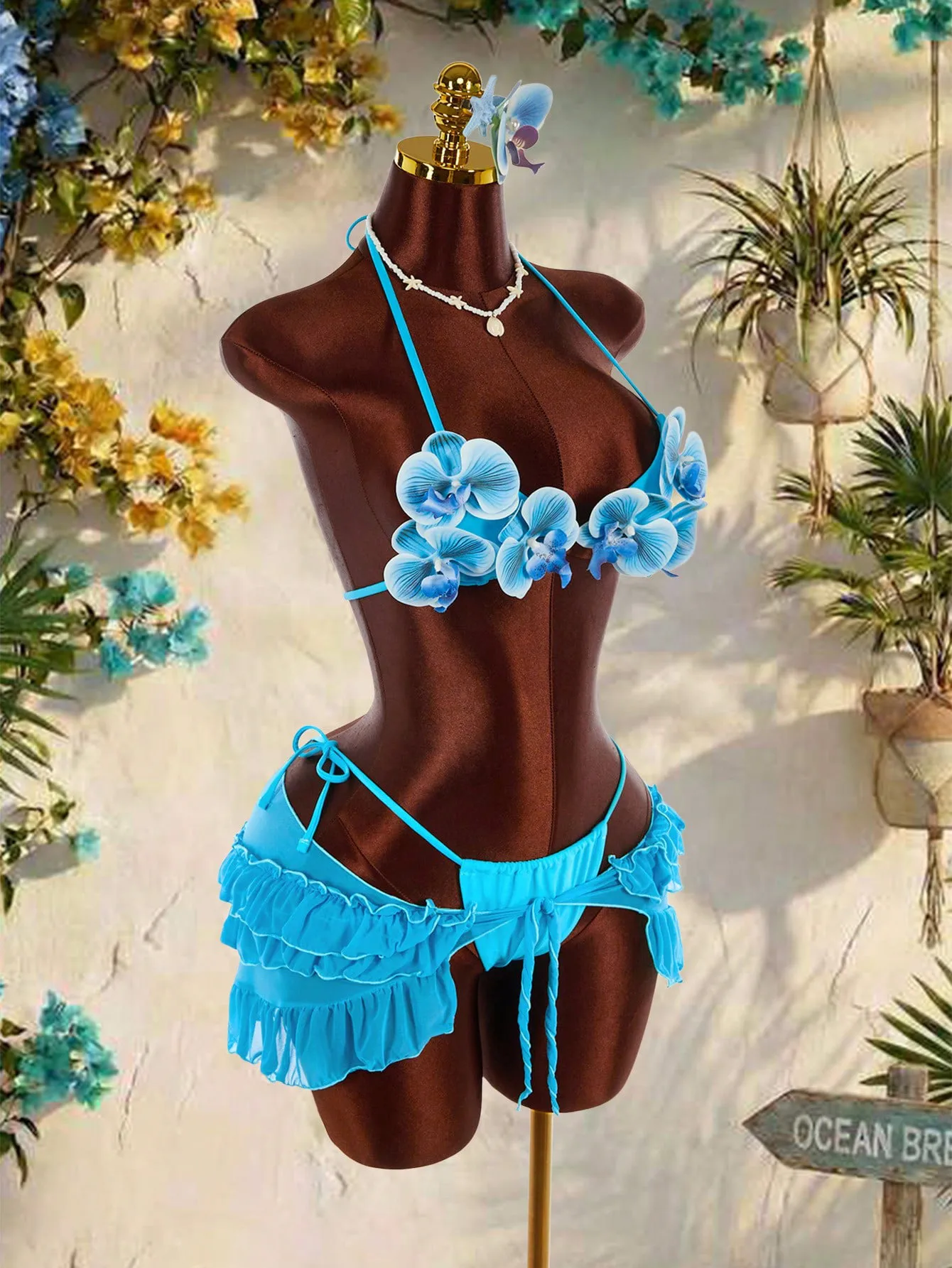 Women's Flowers Three-Piece Swimwear Set Featuring Natural Pink Tie Closure Split Swimsuit with Printed Polyester Fabric
