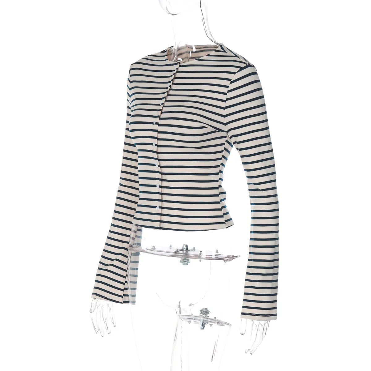 Long Sleeve Streetwear T-shirt for Women in Autumn featuring Elastane Fabric with Stripe Design