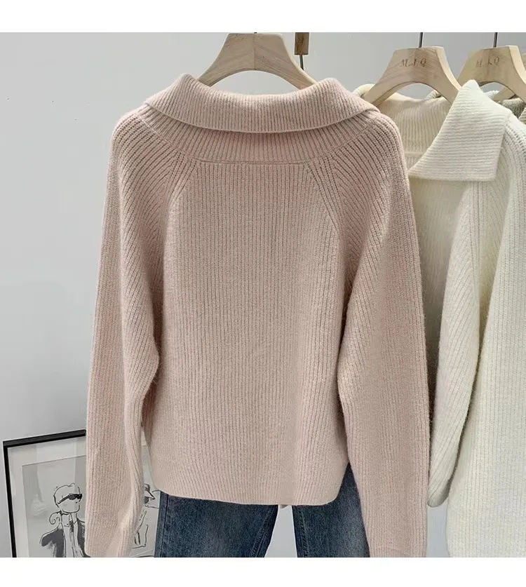 Loose Solid Color Long Sleeve Polyester Women's Pullover Sweater with Button Detail
