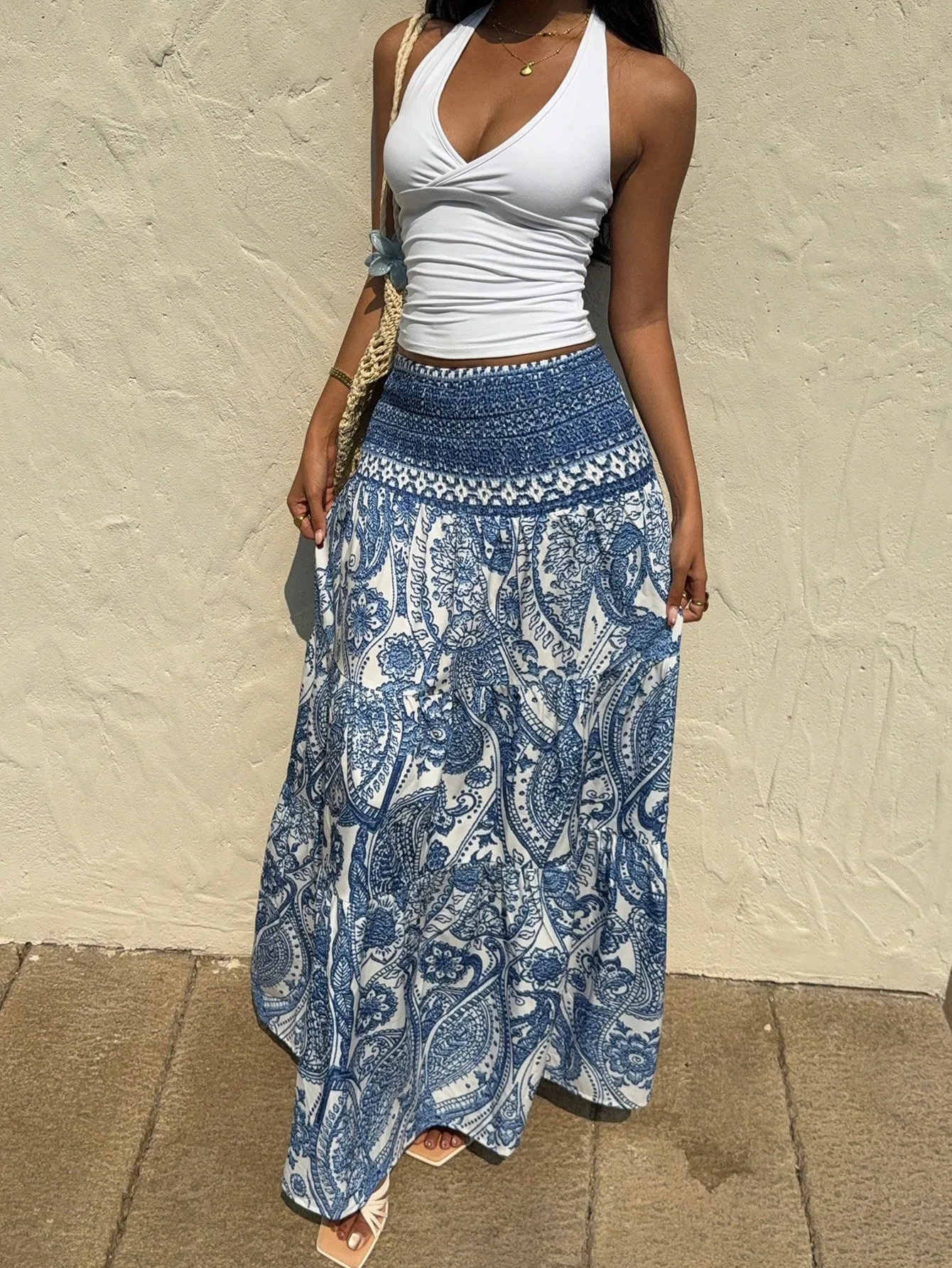 Vintage Style Summer Skirt with Printing on Polyester Fabric, Perfect for Casual Wear