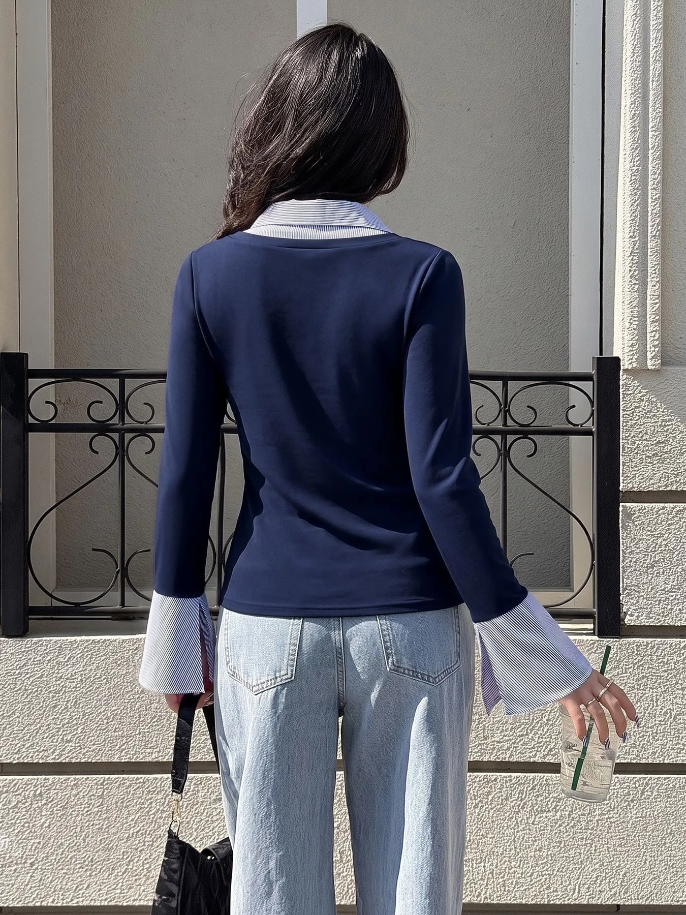 Color Block Casual Knit Long Sleeve T-shirt for Women Featuring Splicing Craft with Pullover Design