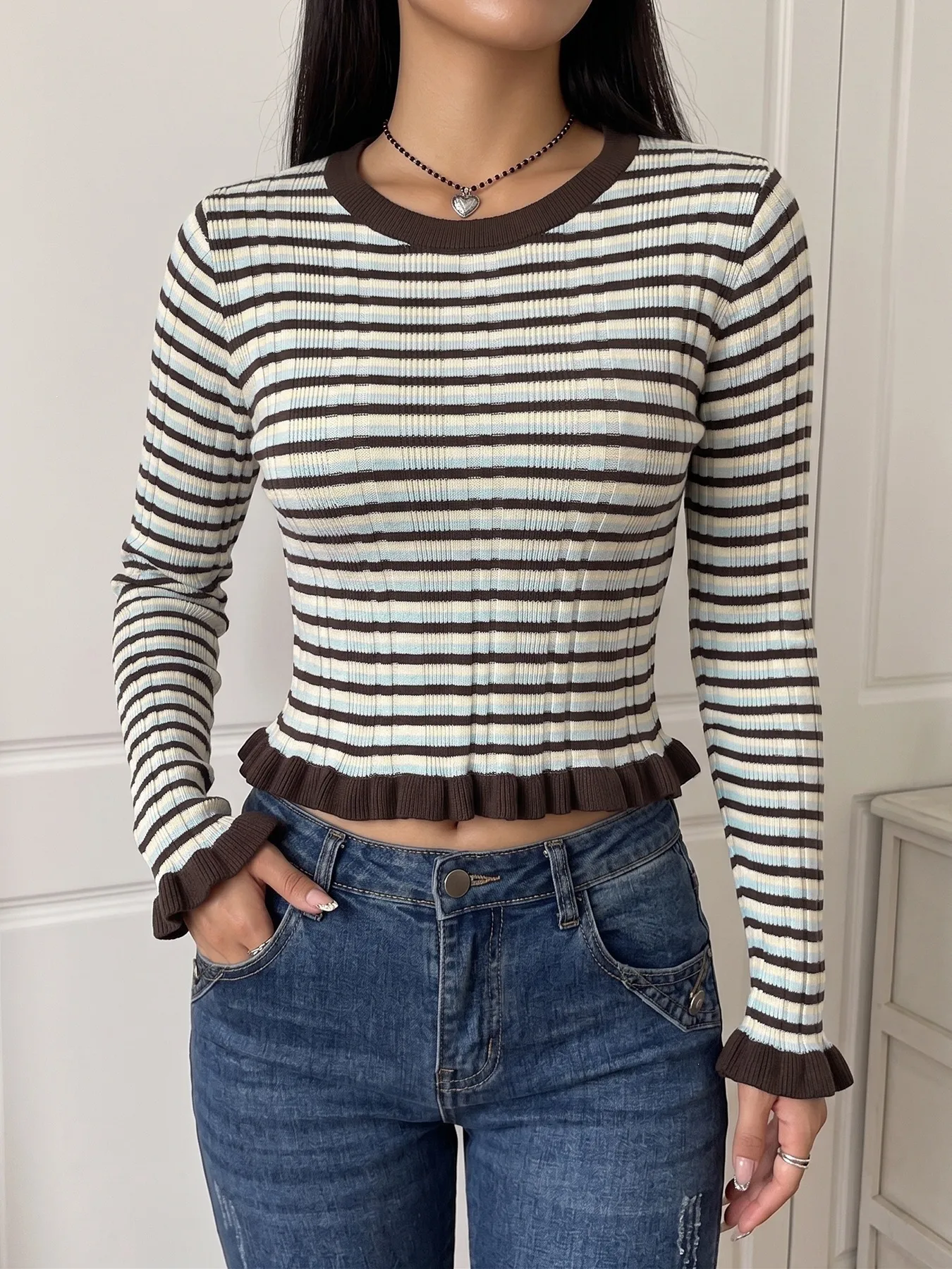 Casual Stripe Sweater with Long Sleeves, Knitted Cotton Pullover