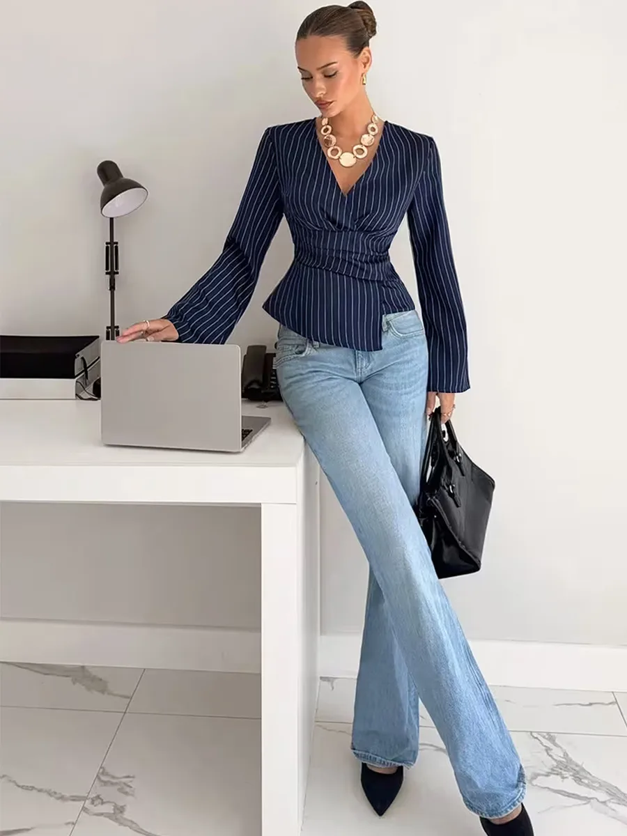 Elegant Stripe Long Sleeve Polyester Pullover Shirt for Women with V Neck