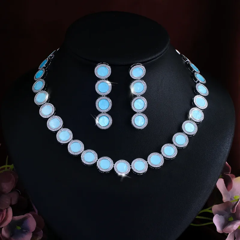 Round Waterproof Non Tarnish Jewelry Set for Women in Copper with Rhodium Plated Water Plating and Zircon Inlay, Featuring Tennis Chain