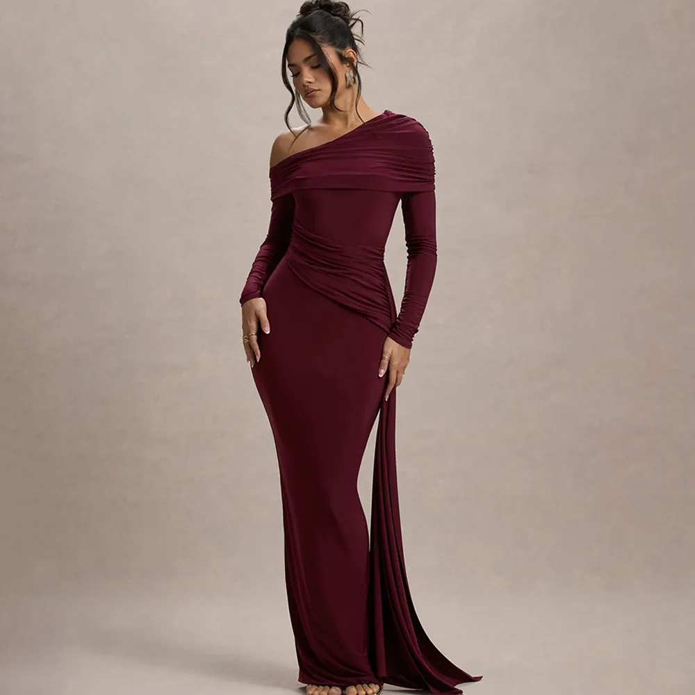 Elegant Solid Color Sheath Dress with Long Sleeves for Banquet