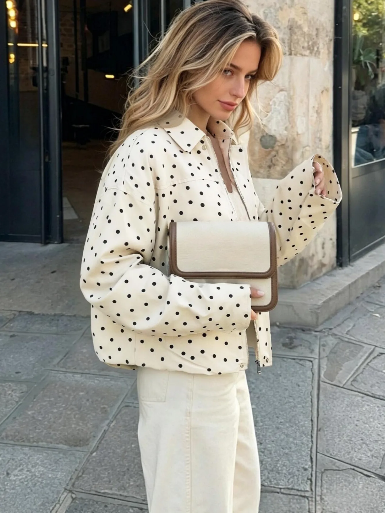 Streetwear Polka Dots Casual Jacket for Women with Zipper Placket in Polyester Fabric Featuring Lapel Collar