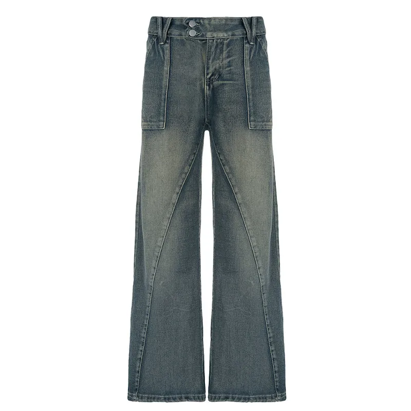 Casual Wide Leg Full Length Pants for Women in Washed Denim Cotton Fabric, Inelastic Design