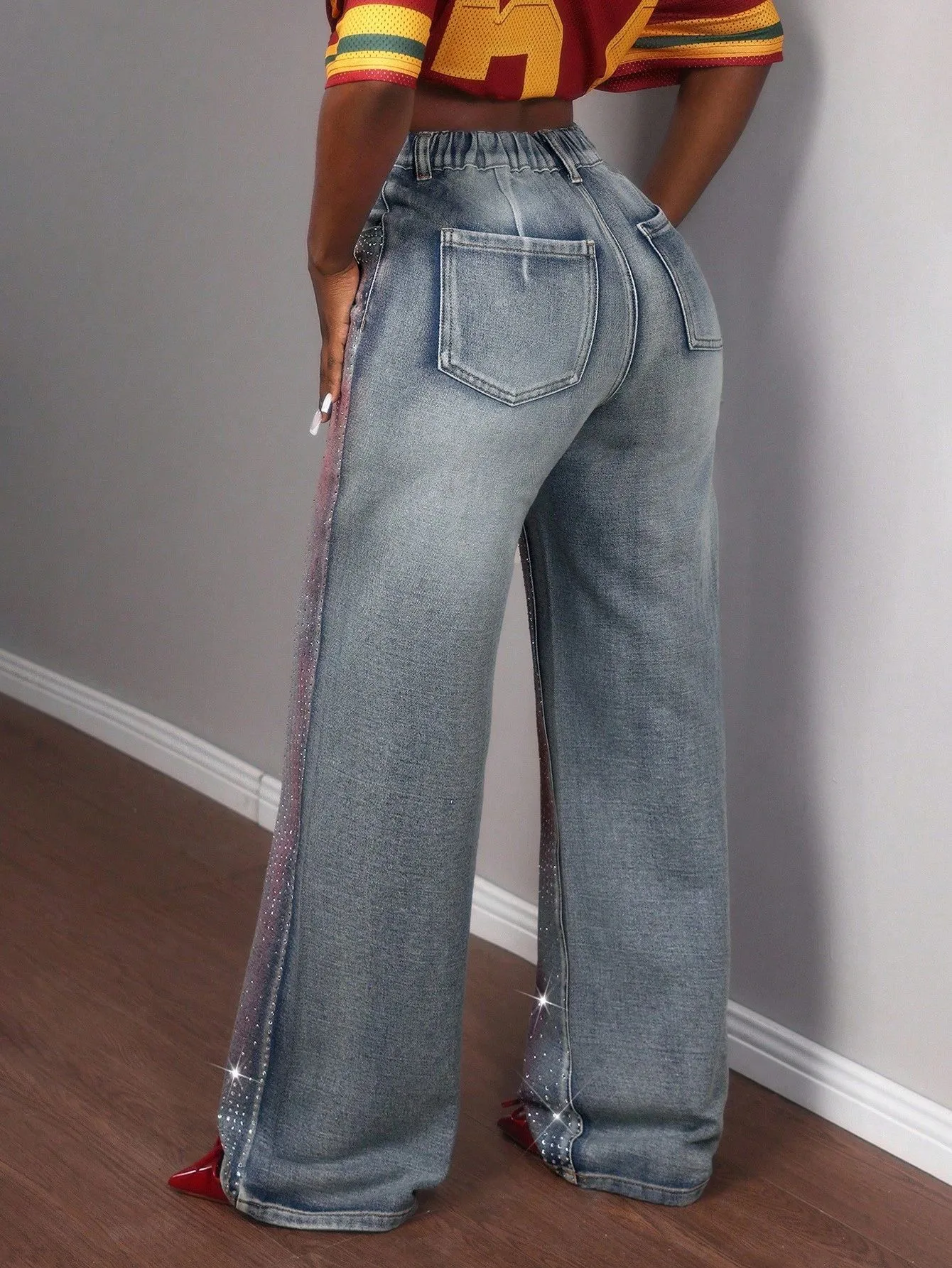 Ombre Wide Leg Full Length Denim Cotton Pants for Women with Rhinestones, Inelastic, Summer Style