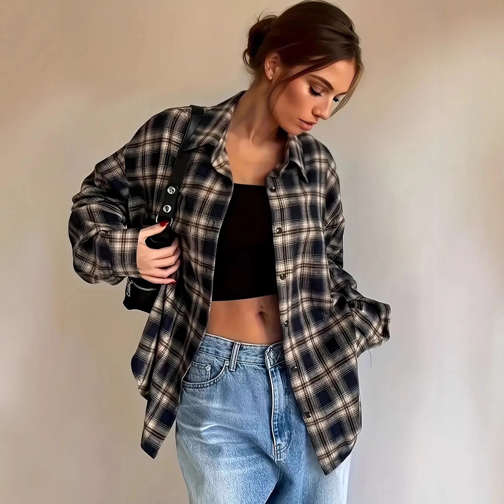 Plaid Casual Long Sleeve Polyester Shirt for Women with Single Breasted Front and Lapel Collar