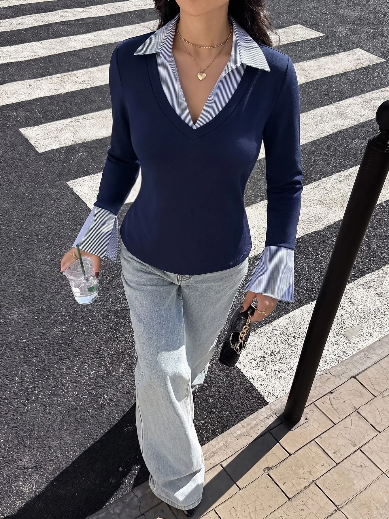 Color Block Casual Knit Long Sleeve T-shirt for Women Featuring Splicing Craft with Pullover Design