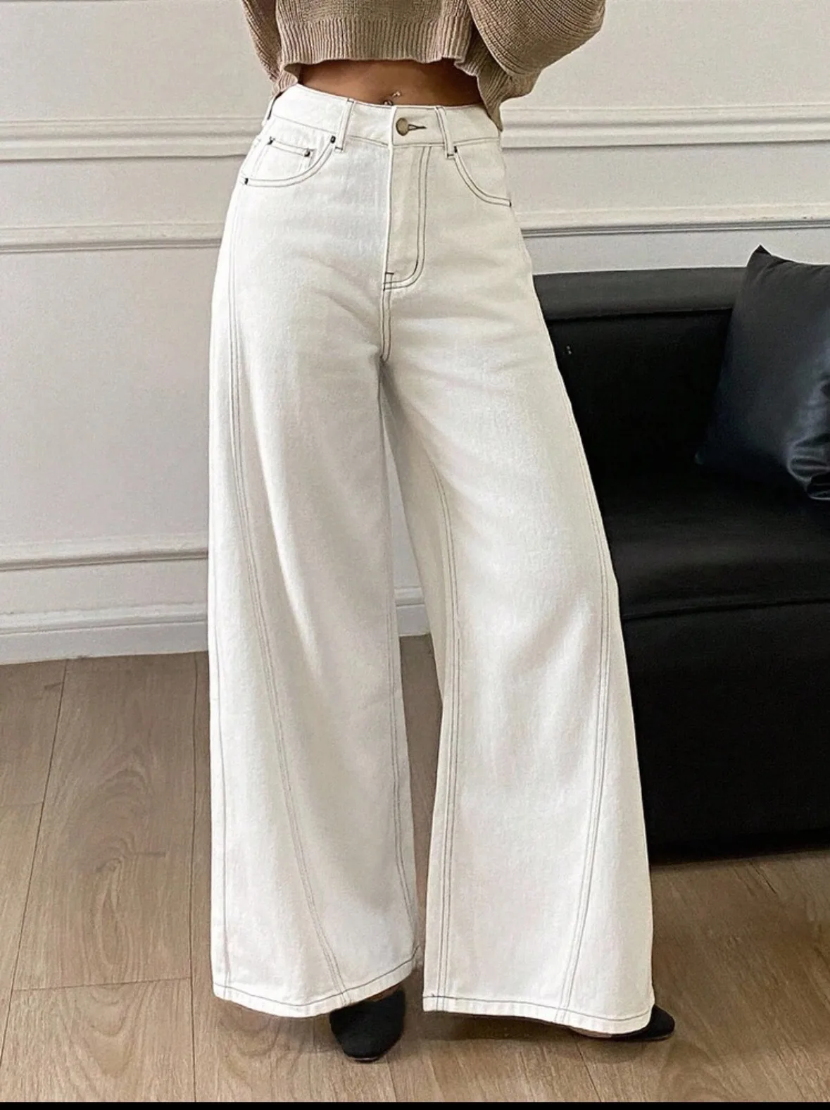 Casual Full Length Wide Leg Denim Cotton Pocket Pants for Women in Spring, Inelastic Design