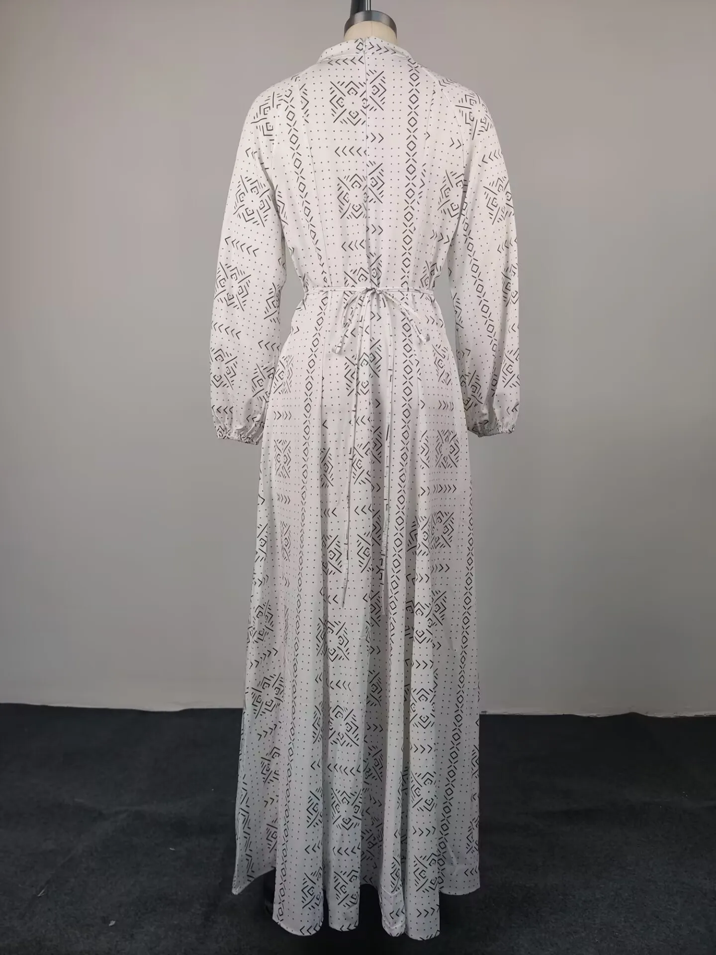 Elegant Geometric Maxi Long Dress with Long Sleeve and Standing Collar in Polyester Fabric