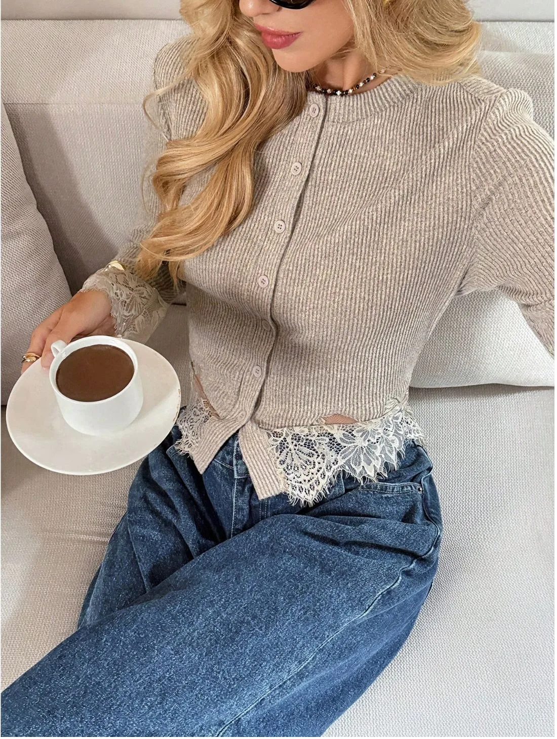 Elegant Solid Color Long Sleeve Polyester Knitwear for Women with Hollow Out Craft and Placket