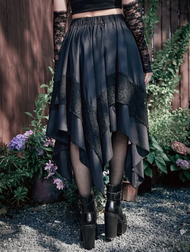 Lace Floral Gothic Midi Dress with Irregular Skirt