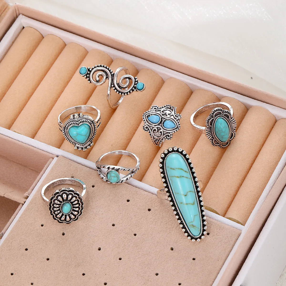 Vintage Bohemian Turquoise Heart Flower Ring for Women Alloy Plated Ethnic Jewelry