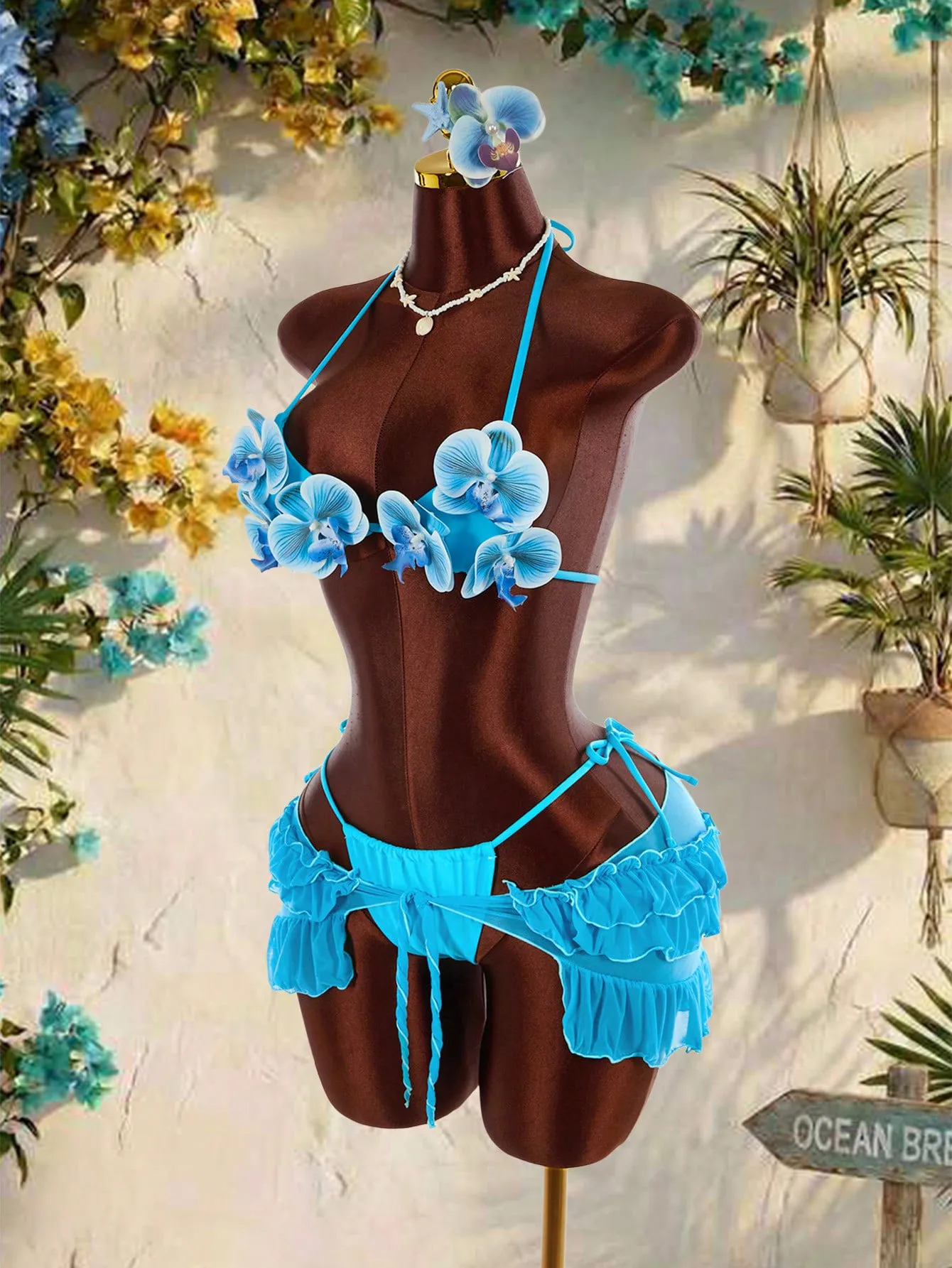 Women's Flowers Three-Piece Swimwear Set Featuring Natural Pink Tie Closure Split Swimsuit with Printed Polyester Fabric