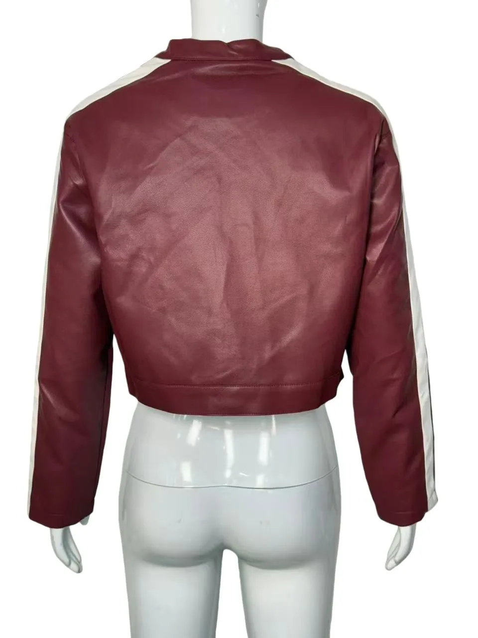 Vintage Style Color Block Leather Jacket for Women in PU Fabric with Zipper Closure
