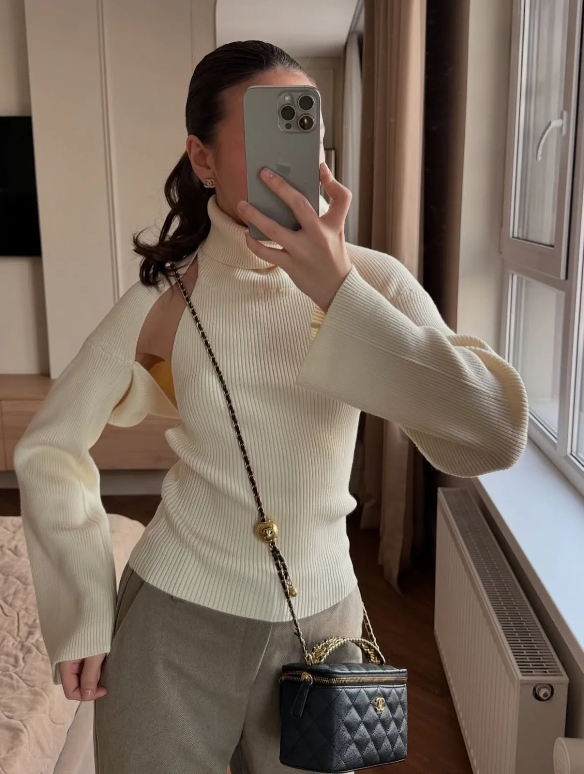 Long Sleeve Acrylic Sweater with Turtleneck, Knitted Craft, Regular Sleeve, 2 Pieces Set