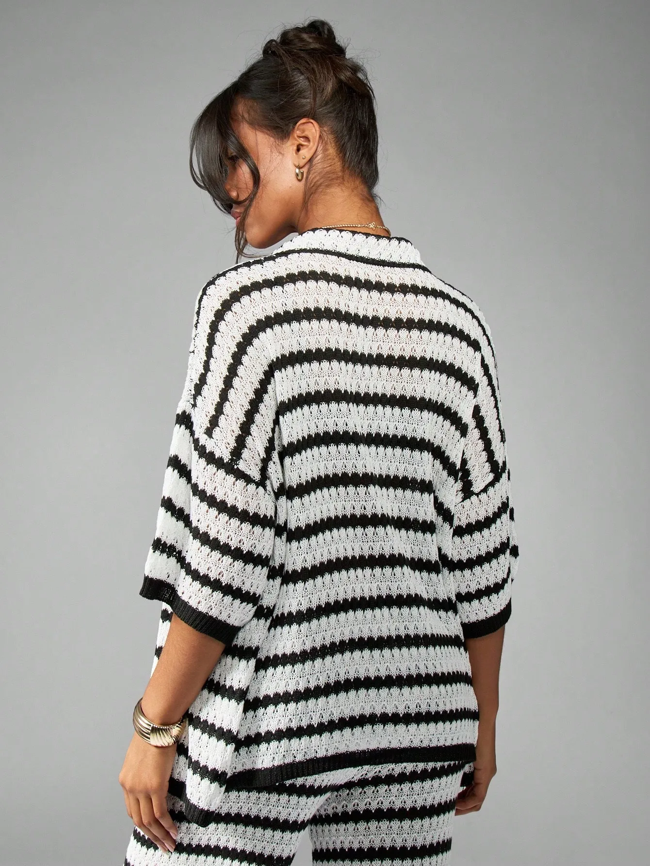 Vacation Stripe Casual Pants Pant Co-ord Set in Knitted Fabric with Hollow Out Craft for Street Style