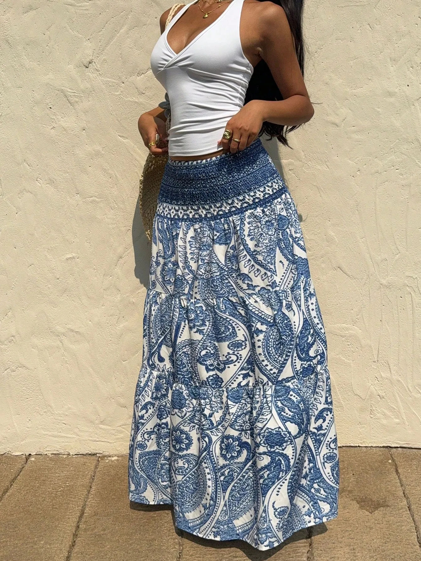Vintage Style Summer Skirt with Printing on Polyester Fabric, Perfect for Casual Wear