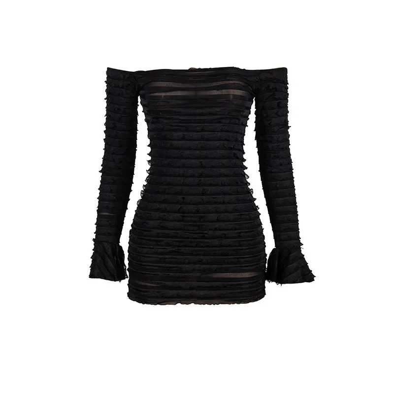 Solid Color Slim Sheath Dress for Women with Long Sleeve Boat Neck