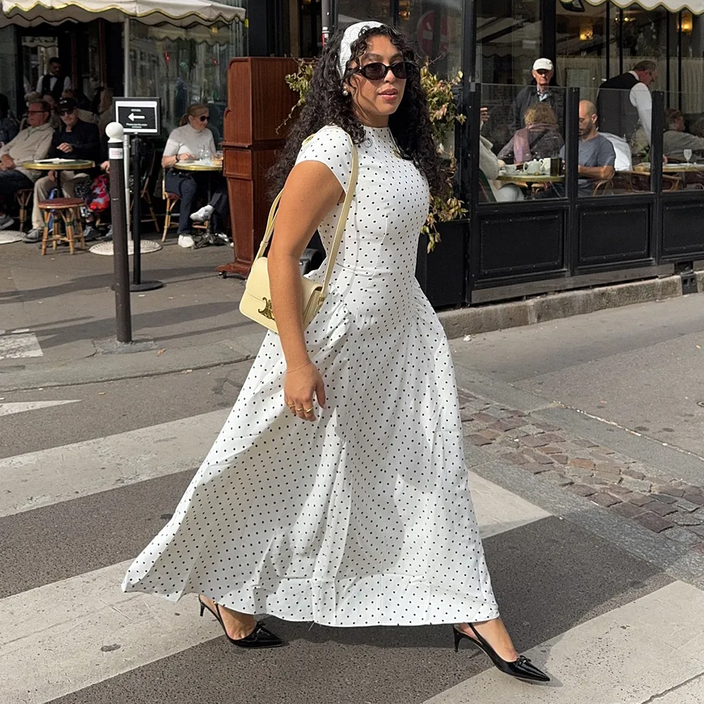 Classic Style Polka Dot Dress in Elastane Fabric Featuring Draped Design Maxi Long Dress