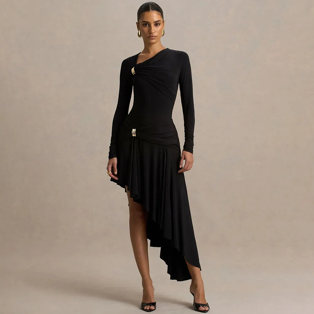 Solid Color Long Sleeve V Neck Party Dress in Polyester, Casual Streetwear Style
