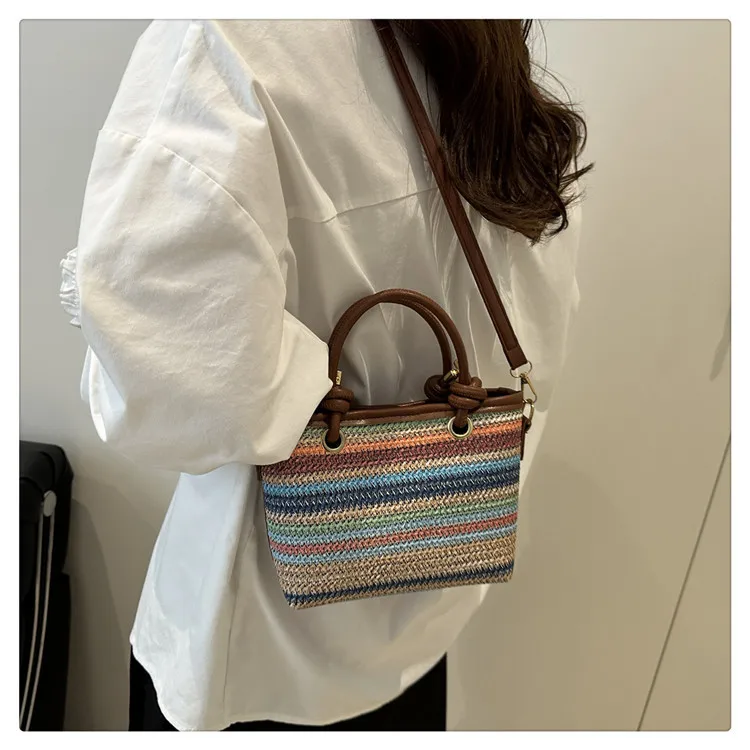 Small Straw Bucket Bag with Zipper and Braid Detail