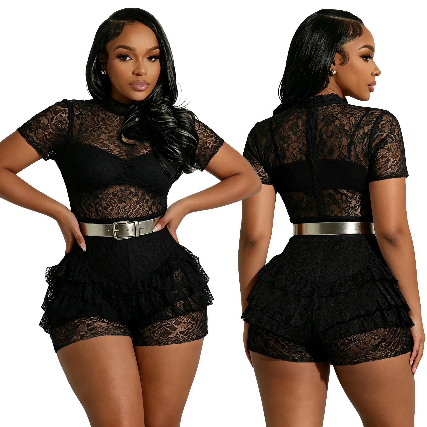 Sexy Lace Rompers Shorts for Women in Polyester Fabric Featuring Delicate Lace Craft with Stretchy Fit