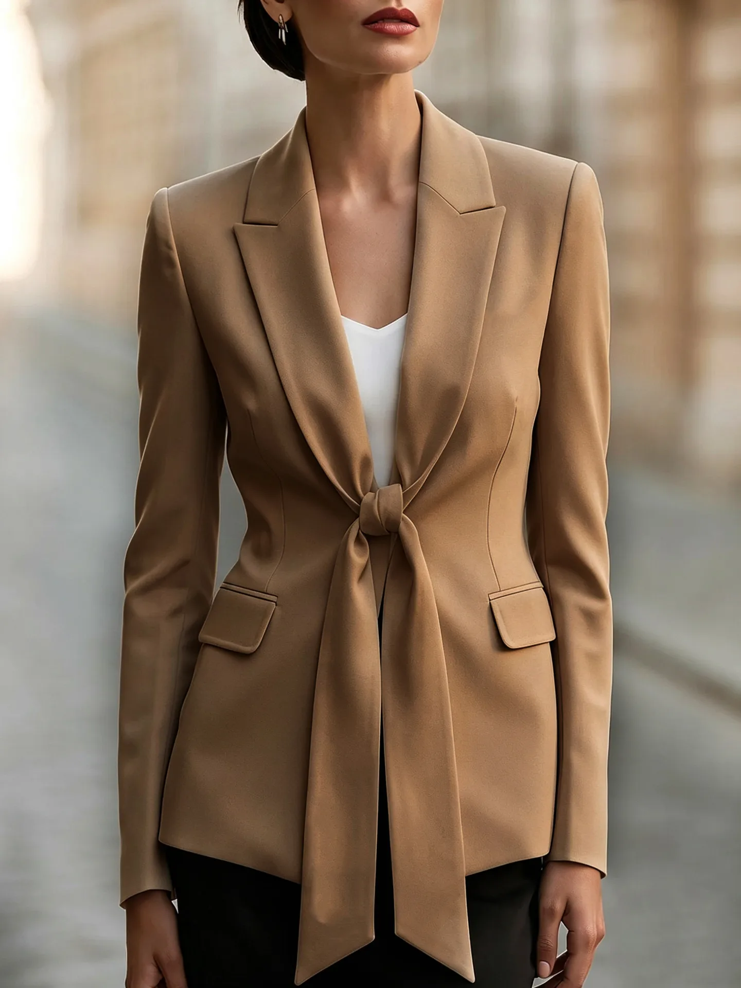 Solid Color Business Long Sleeve Polyester Blazer Featuring Tie Detail