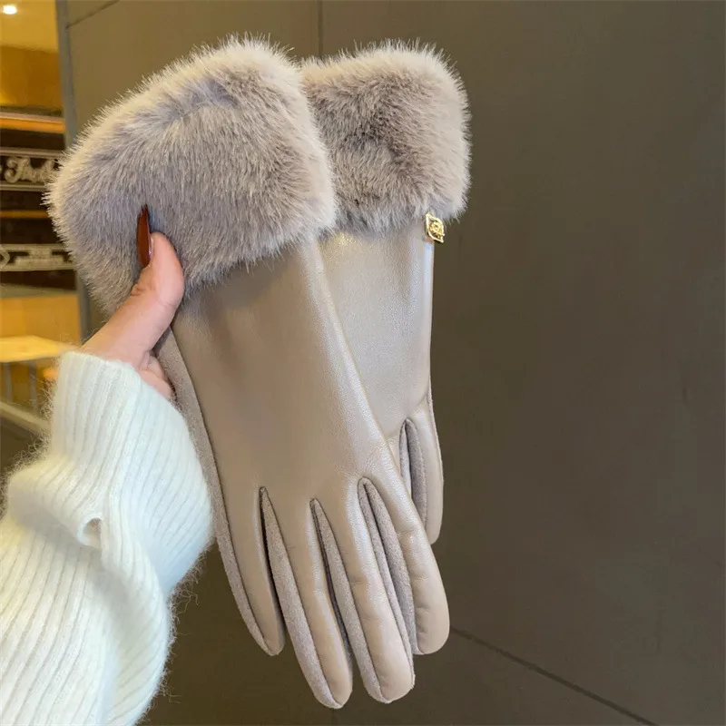 Luxury Suede Winter Gloves with Fox Fur and Fleece Lining for Unisex Cold Weather Cycling