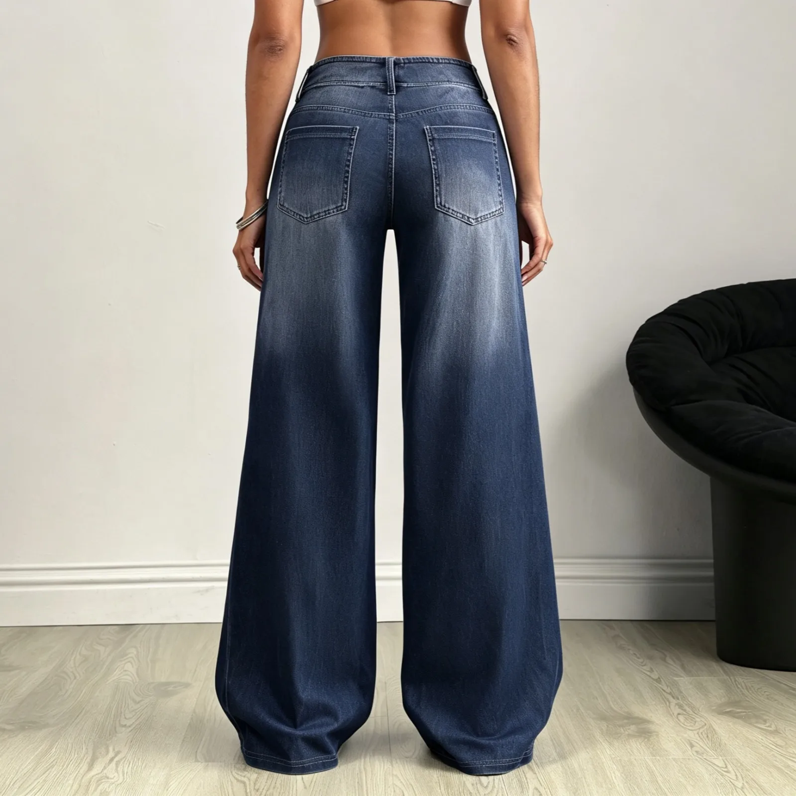 Solid Color Wide Leg Full Length Denim Cotton Pants for Streetwear with Patchwork Design