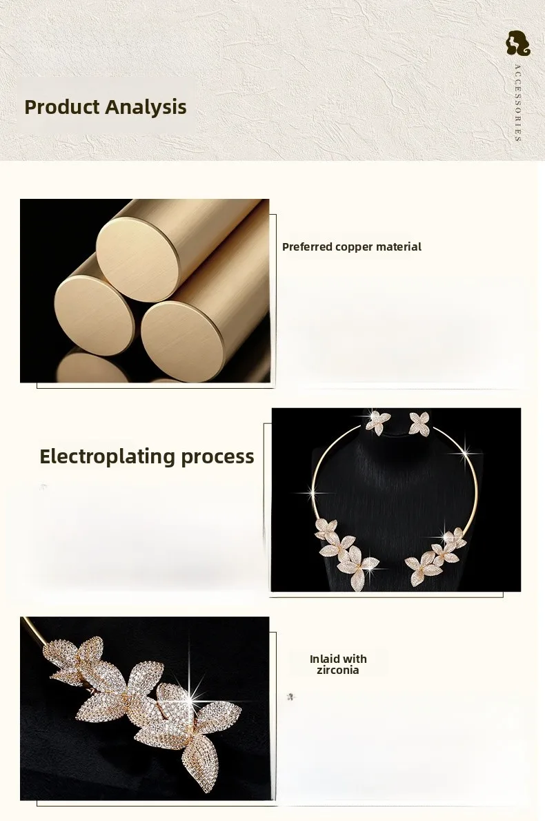 Women’s Flowers Jewelry Set in Electroplated Copper with Zircon Inlay, Elegant Design Featuring Floral Motifs
