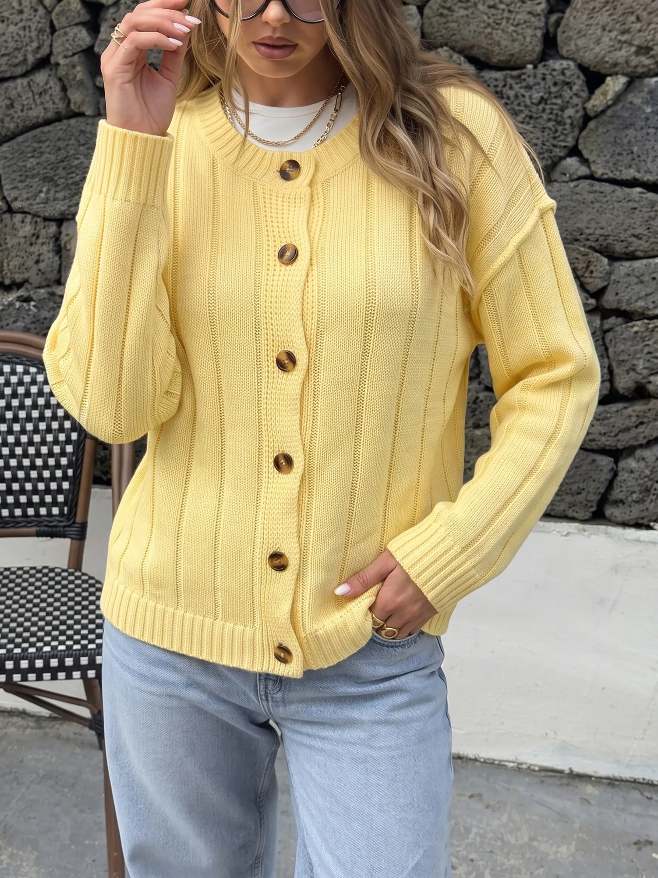 Solid Color Casual Acrylic Sweater with Long Sleeve Featuring Knitted Craft and Placket Design