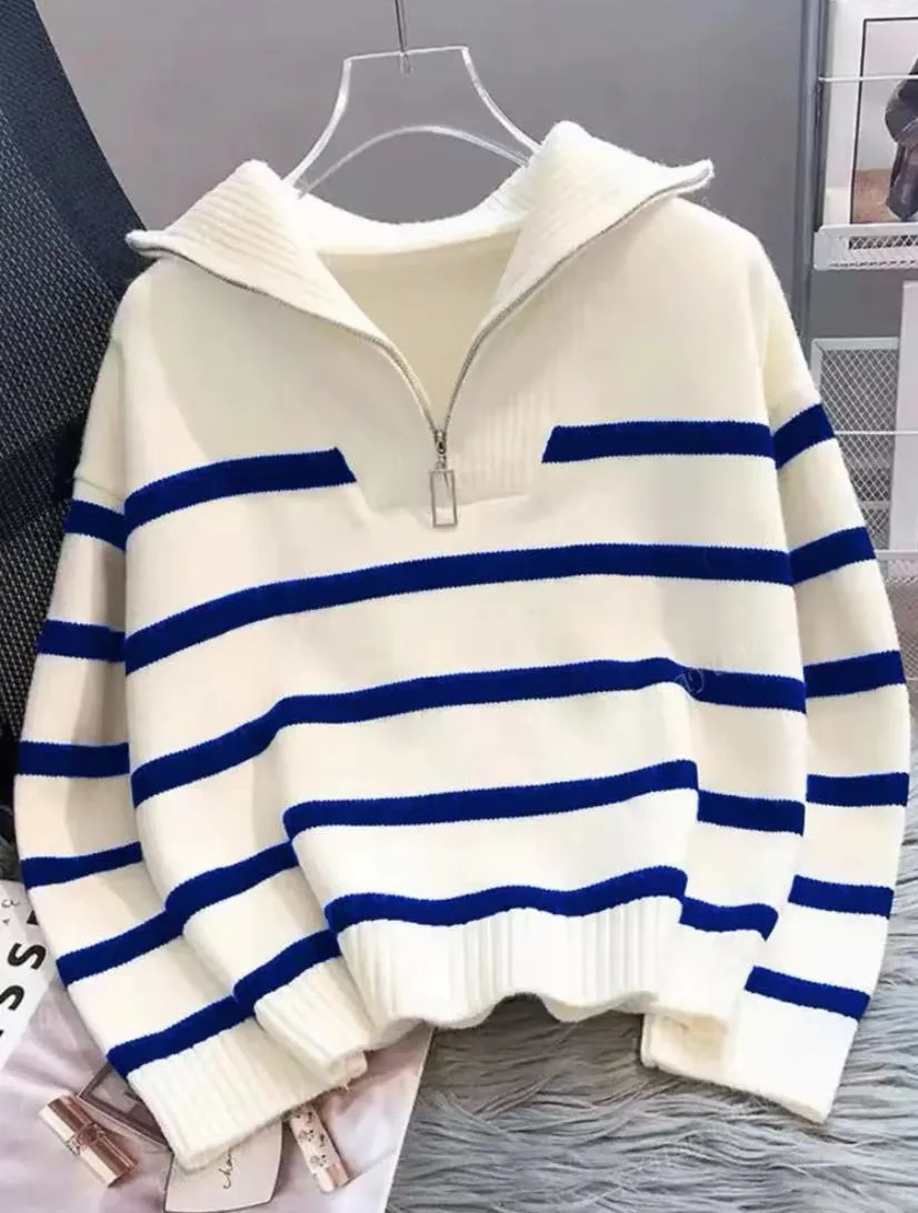 Striped Plaid Long Sleeve Acrylic Pullover Sweater with Zipper
