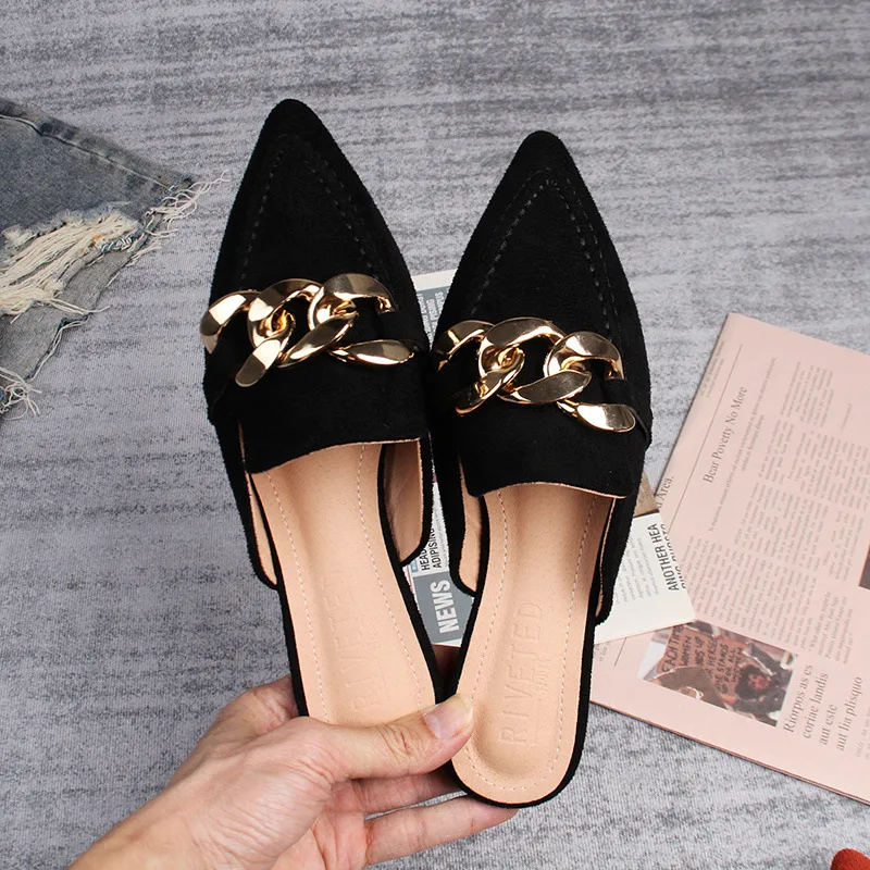 Solid Color Women’s Mules with Suede Upper, Rubber Sole, and Flat Heel, Featuring PU Leather Lining