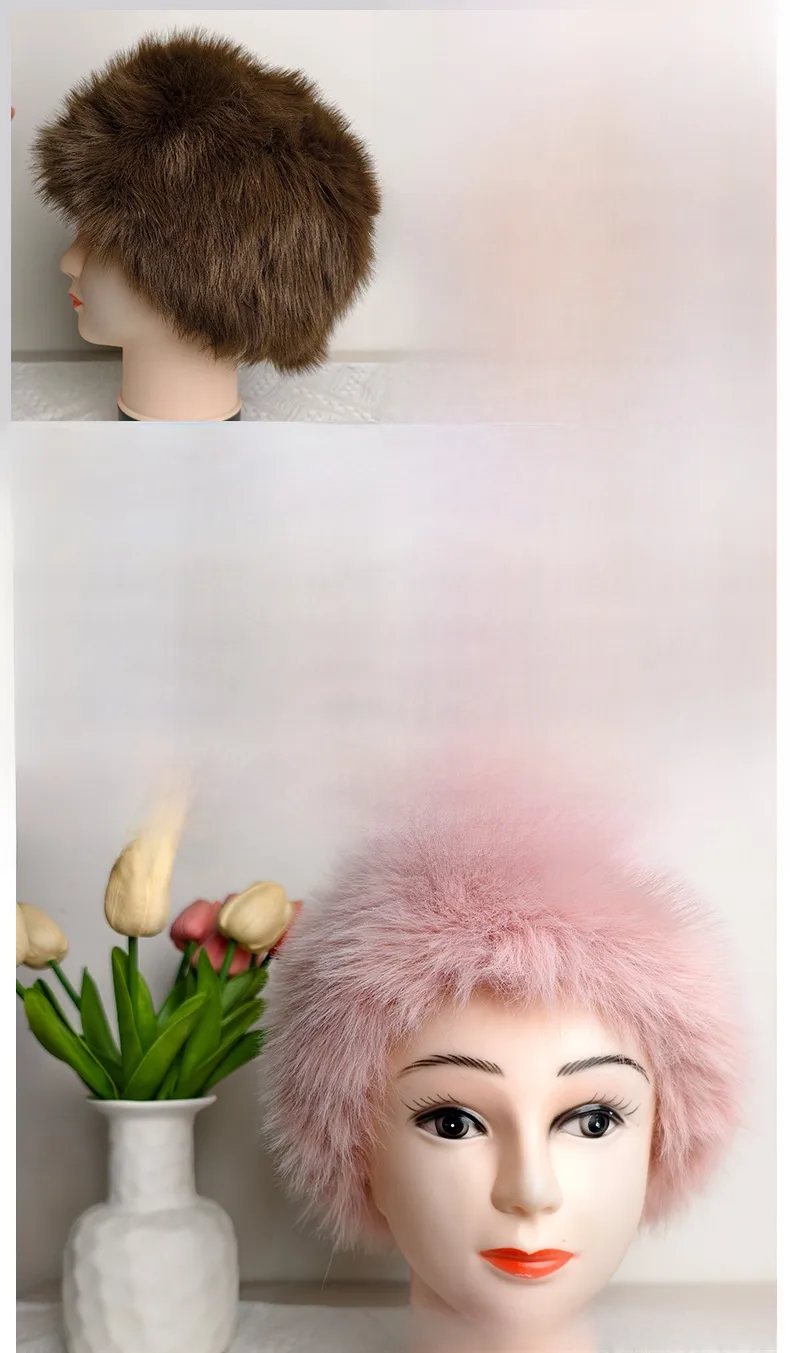 Solid Color Princess Style Unisex Bucket Hat with Ear Wrap Brim, Made of Plush Imitation Fox Fur