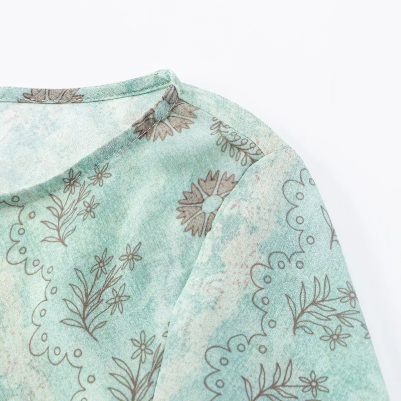 Printing Long Sleeve Round Neck Sheath Dress in Cotton Polyester Fabric for Vacation and Travel