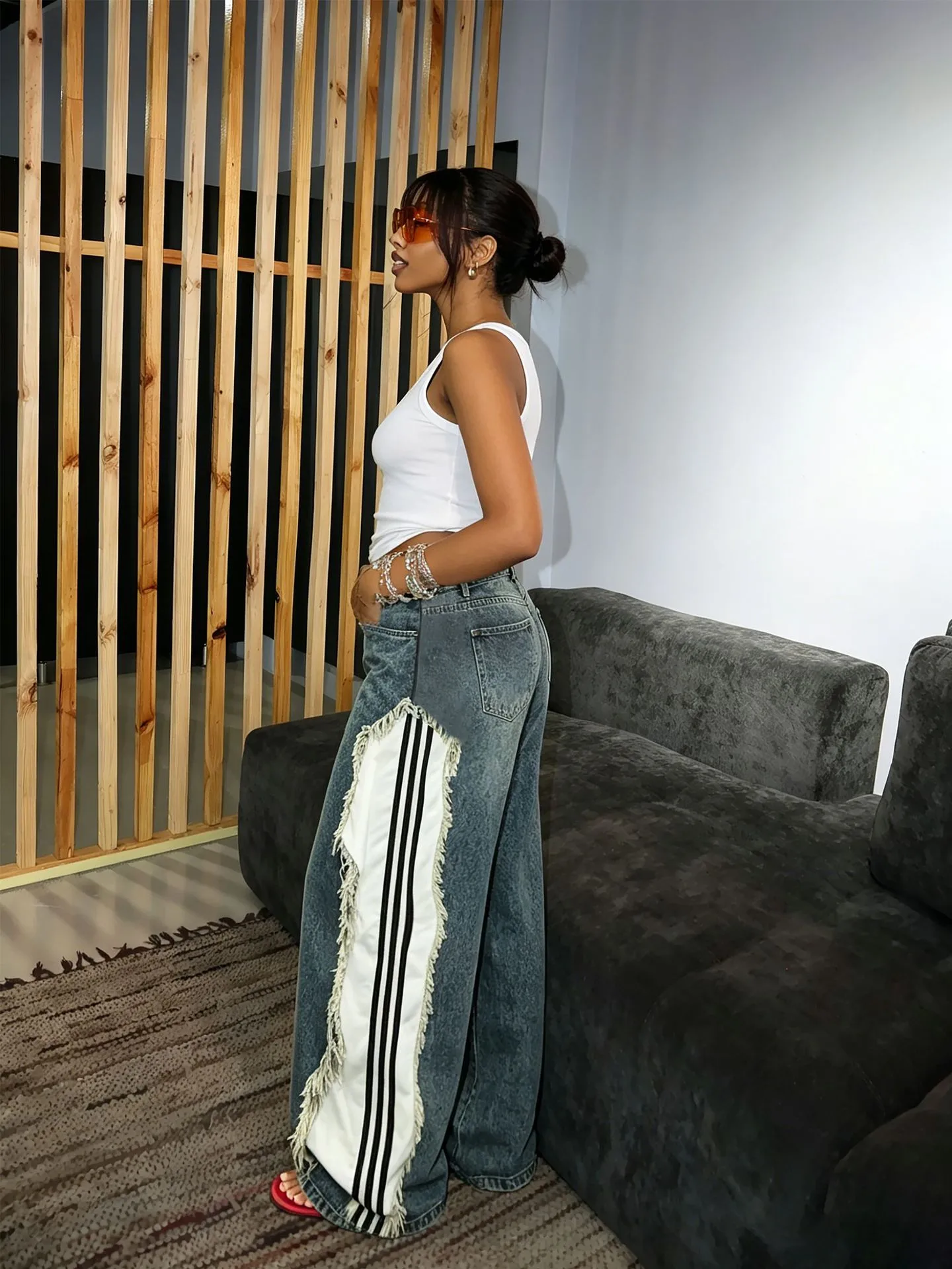 Stripe Full Length Denim Cotton Jeans for Women in Streetwear Style with Raw Hem, Inelastic Fabric