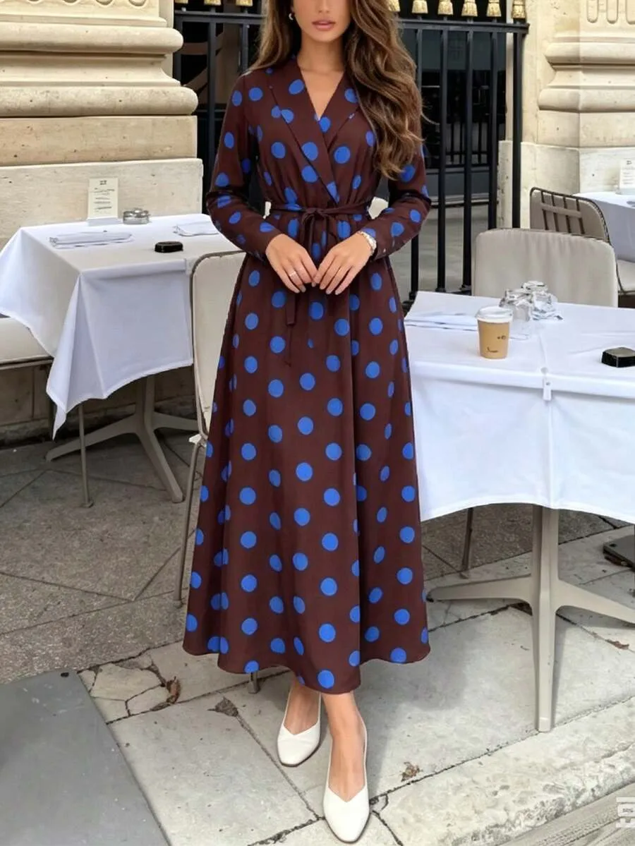Elegant Polka Dot Dress with V Neck and Long Sleeve, Polyester Maxi Long Dress