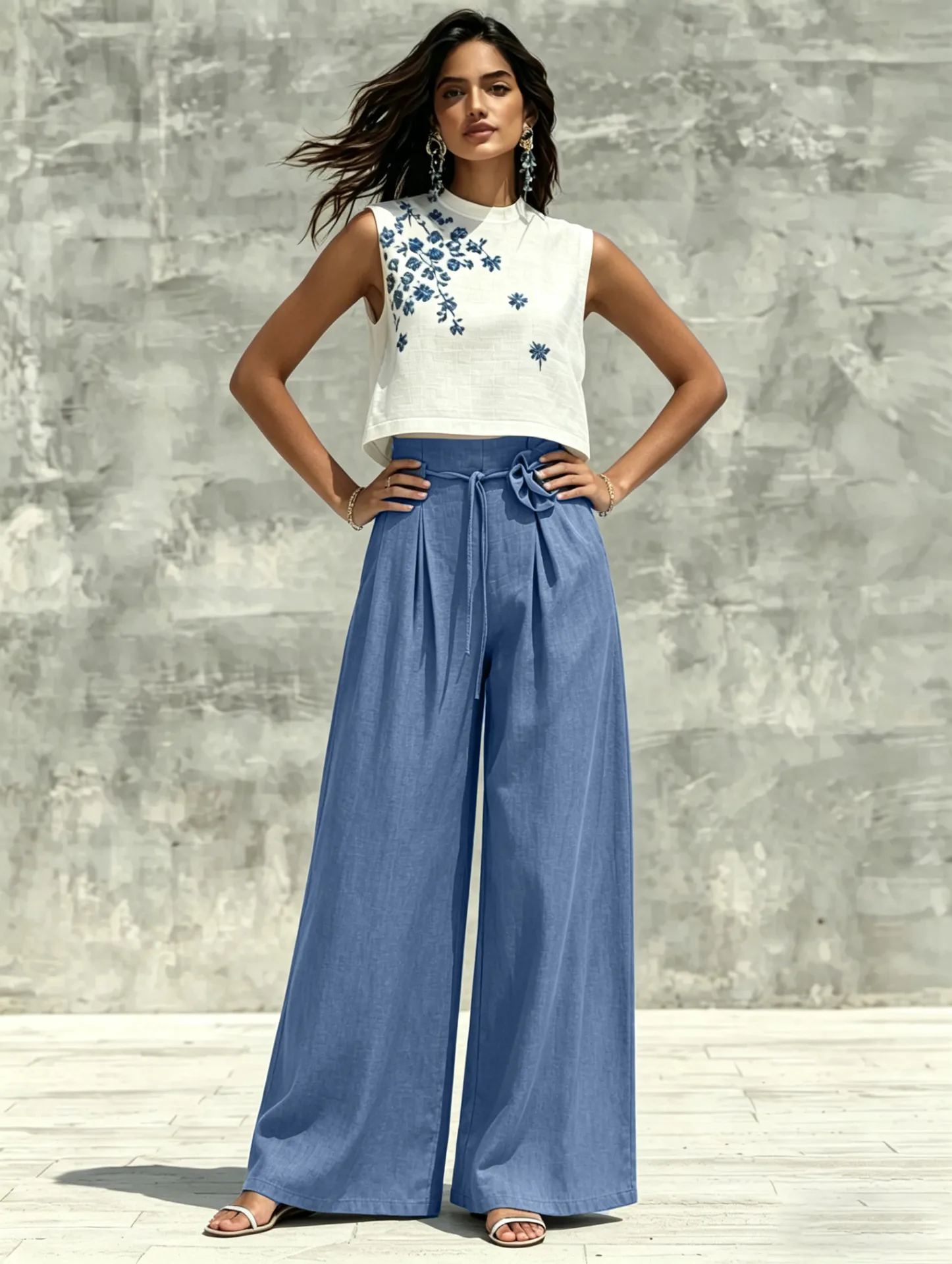 Vacation Wide Leg Pants with Floral Pattern, Full Length Holiday Casual Pants in Polyester Fabric Featuring Elegant Folds