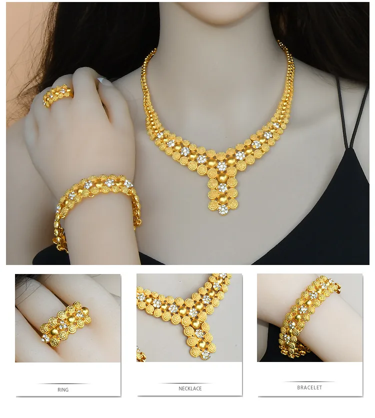Retro Women’s Jewelry Set Featuring Flowers Pattern with 24K Real Gold Electroplated Alloy and Ball Chain