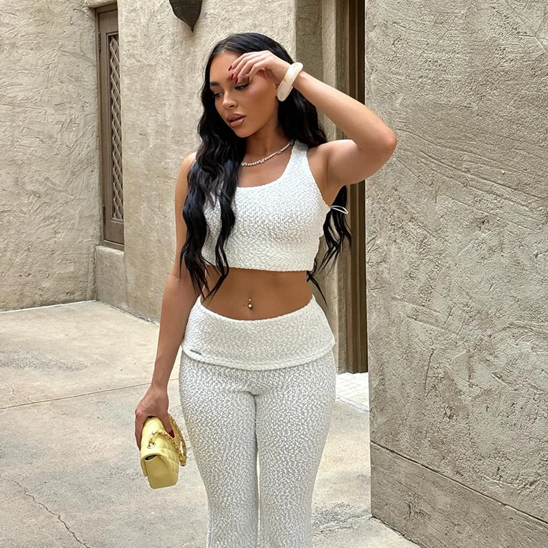 Women’s Solid Color Pant Co-ord Set in Elastane with U Neck, Perfect for Holiday Vacation, 2 Pieces Set